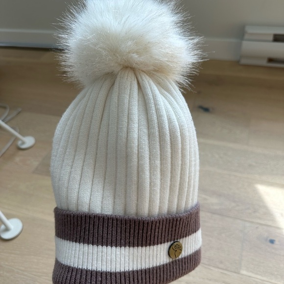Cozy White and Brown  Pom-Pom Beanie - Picture 2 of 4